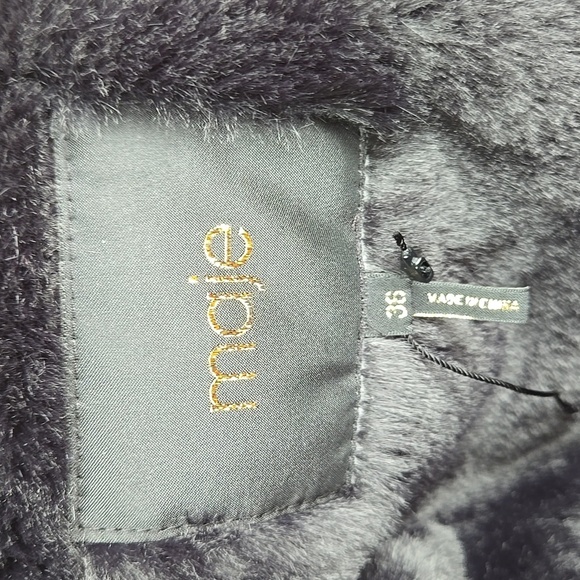 Maje Women's Black Fur-Trimmed Navy Blue Jacket Size 36 - Picture 7 of 7